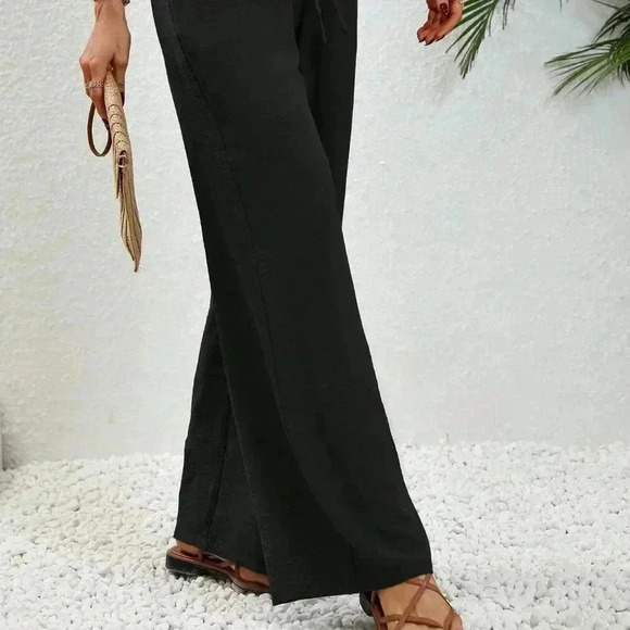 Black Casual Women's Drawstring Waist Wide Leg Pants - Picture 5 of 6